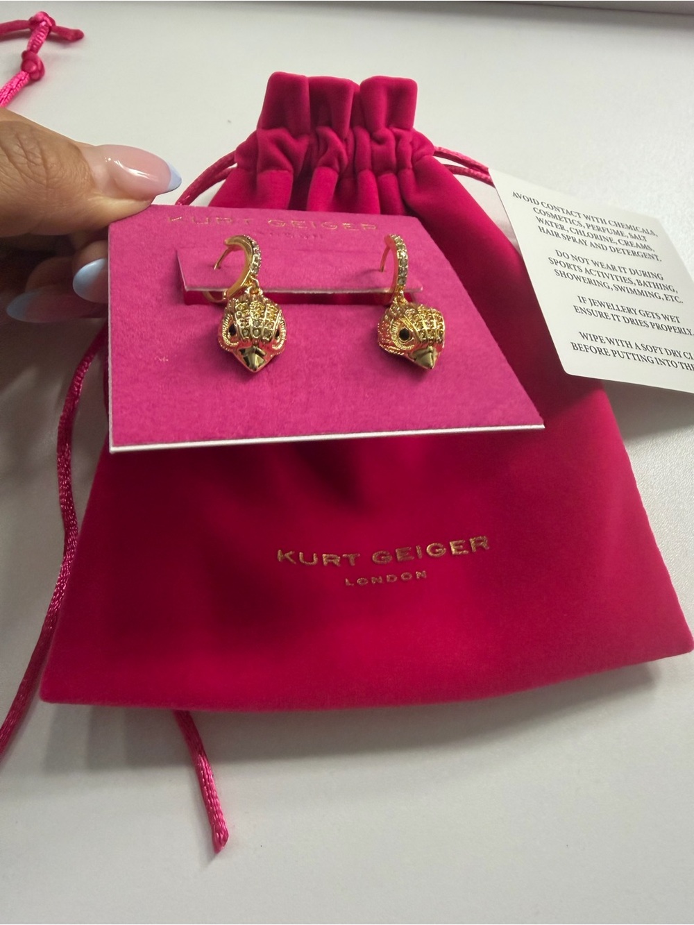 Kurt Geiger Gold Hedgehog Drop Earrings with Fuchsia Pouch - Picture 3 of 3